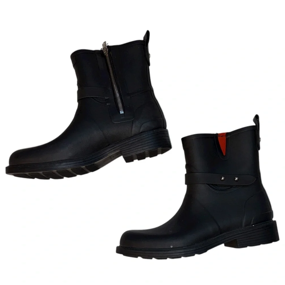 Rag & Bone Moto Rain Boots‎ Black size 38 Buckle Rubber Boots Designer Grunge